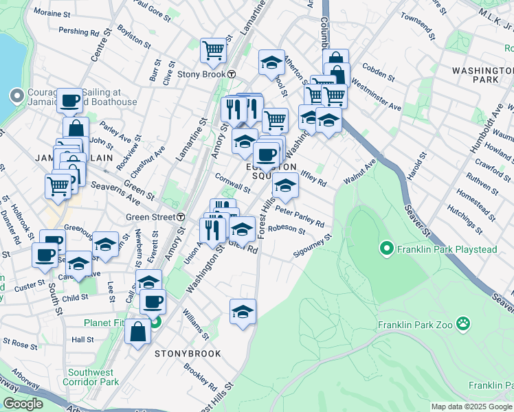 map of restaurants, bars, coffee shops, grocery stores, and more near 3270 Washington Street in Jamaica Plain