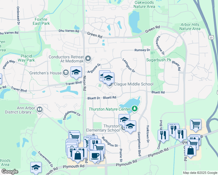 map of restaurants, bars, coffee shops, grocery stores, and more near 2616 Nixon Road in Ann Arbor