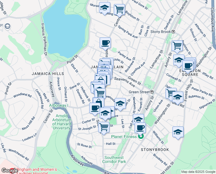 map of restaurants, bars, coffee shops, grocery stores, and more near 2 Greenough Park in Boston