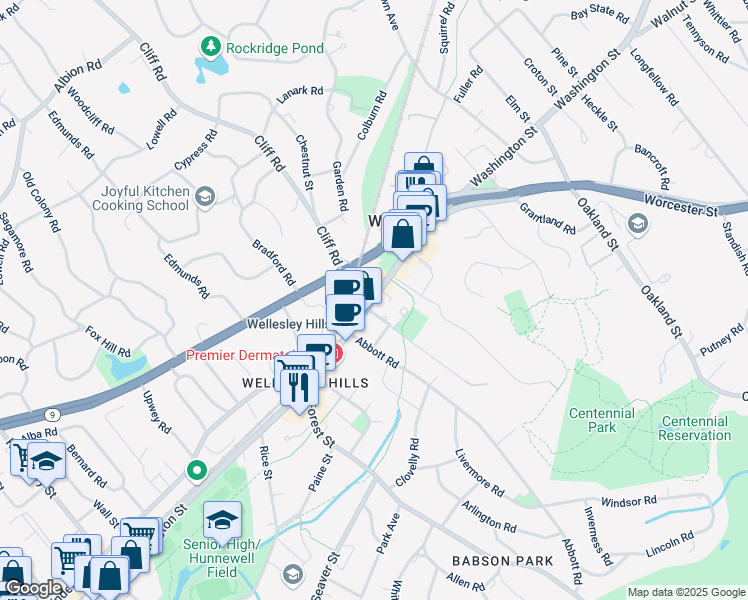 map of restaurants, bars, coffee shops, grocery stores, and more near 324 Washington Street in Wellesley