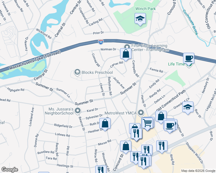 map of restaurants, bars, coffee shops, grocery stores, and more near 154 Cherry Street in Framingham