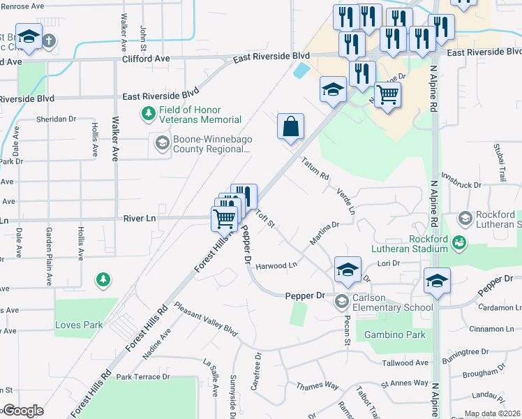 map of restaurants, bars, coffee shops, grocery stores, and more near 3619 Toft Street in Rockford