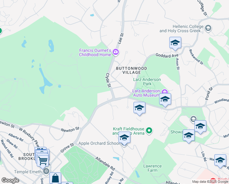 map of restaurants, bars, coffee shops, grocery stores, and more near 362 Clyde Street in Brookline