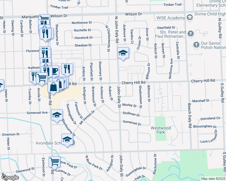 map of restaurants, bars, coffee shops, grocery stores, and more near 184 Auburn Street in Inkster