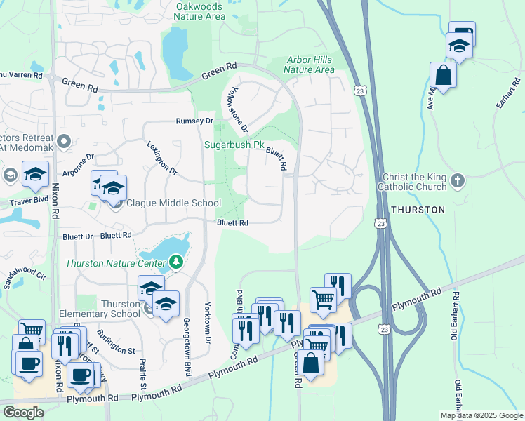 map of restaurants, bars, coffee shops, grocery stores, and more near 3256 Bluett Road in Ann Arbor