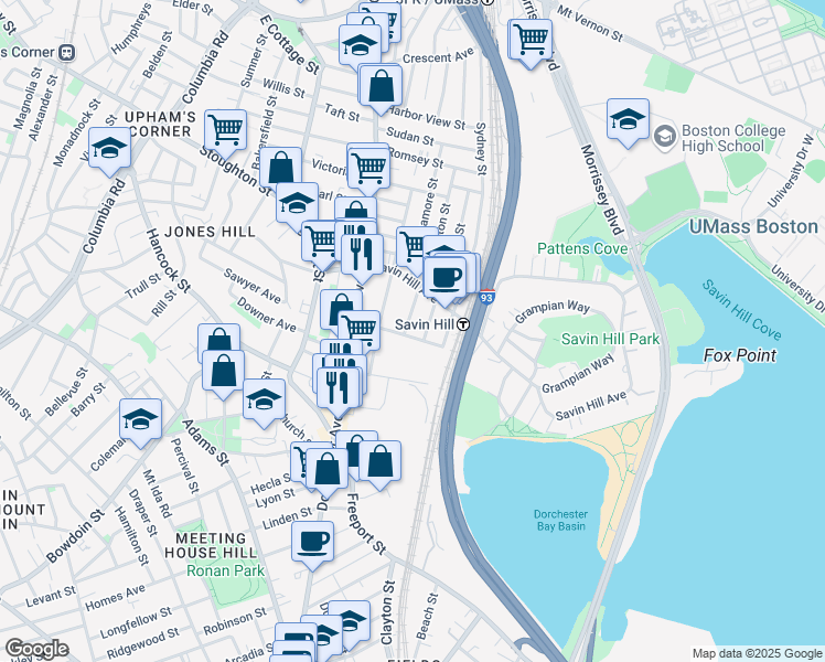 map of restaurants, bars, coffee shops, grocery stores, and more near 34 Midland Street in Boston