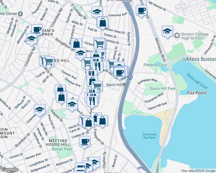 map of restaurants, bars, coffee shops, grocery stores, and more near 34 Midland Street in Boston