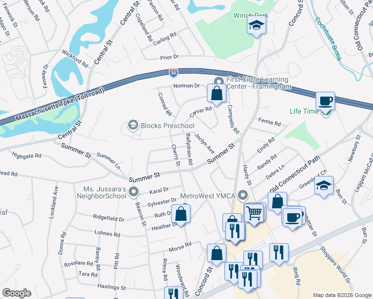 map of restaurants, bars, coffee shops, grocery stores, and more near 154 Cherry Street in Framingham