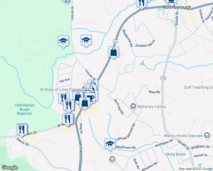 map of restaurants, bars, coffee shops, grocery stores, and more near 83 Crestwood Drive in Northborough