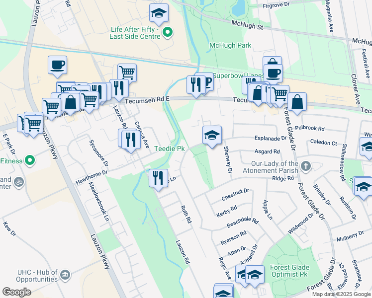 map of restaurants, bars, coffee shops, grocery stores, and more near in Windsor