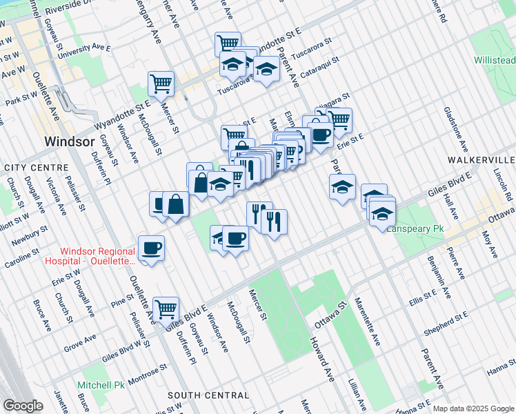 map of restaurants, bars, coffee shops, grocery stores, and more near 1088 Howard Avenue in Windsor