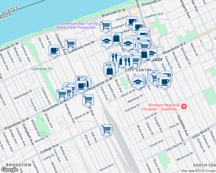 map of restaurants, bars, coffee shops, grocery stores, and more near in Windsor