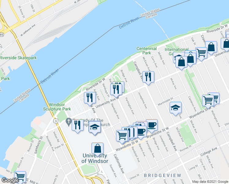 map of restaurants, bars, coffee shops, grocery stores, and more near 269 Randolph Place in Windsor