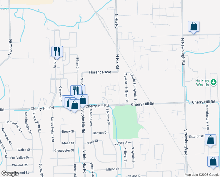 map of restaurants, bars, coffee shops, grocery stores, and more near 332 Marigold Circle in Westland