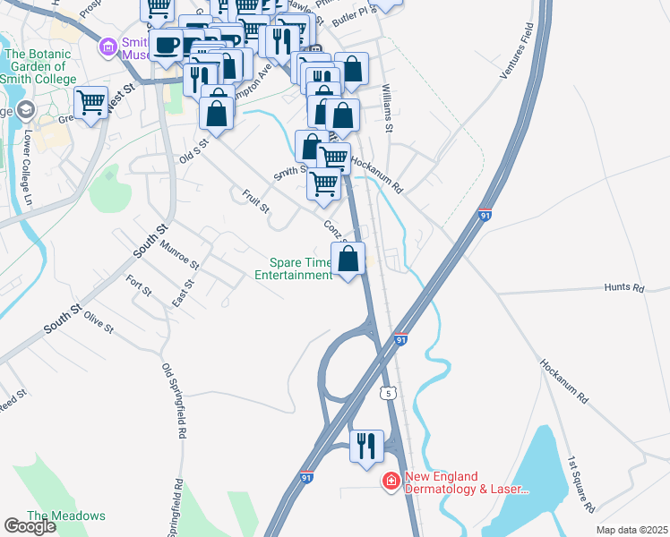 map of restaurants, bars, coffee shops, grocery stores, and more near 117 Conz Street in Northampton