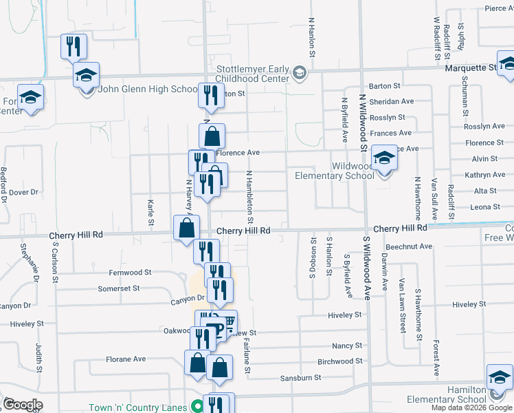 map of restaurants, bars, coffee shops, grocery stores, and more near 35101 School Street in Westland