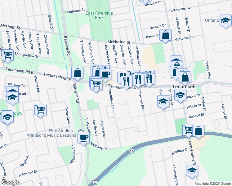map of restaurants, bars, coffee shops, grocery stores, and more near 11873 Tecumseh Road East in Windsor