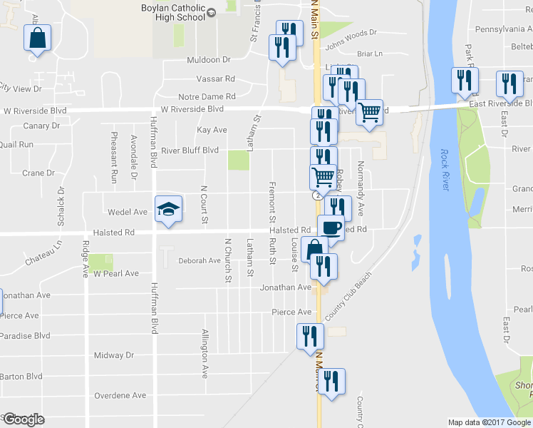 map of restaurants, bars, coffee shops, grocery stores, and more near 1309 Halsted Road in Rockford