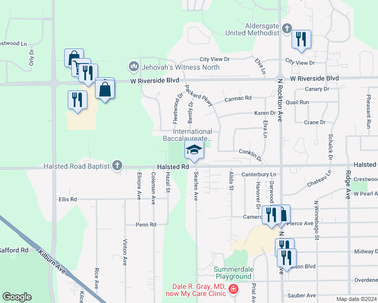map of restaurants, bars, coffee shops, grocery stores, and more near 3003 Halsted Road in Rockford