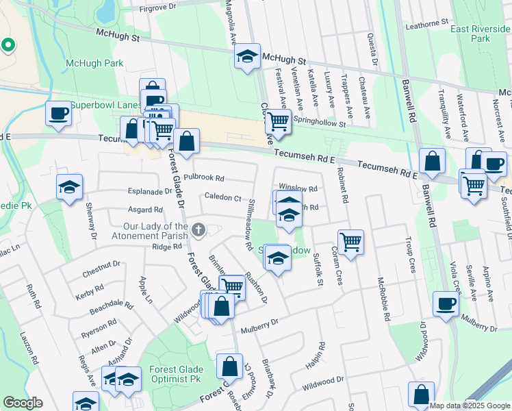 map of restaurants, bars, coffee shops, grocery stores, and more near 2880 Stillmeadow Road in Windsor