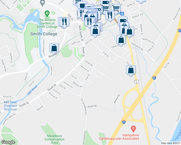 map of restaurants, bars, coffee shops, grocery stores, and more near 12 Northampton Street in Easthampton