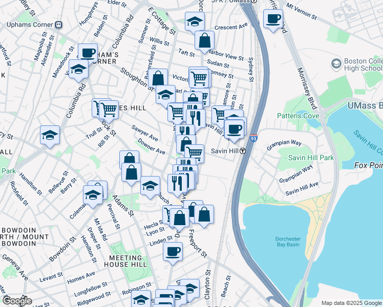 map of restaurants, bars, coffee shops, grocery stores, and more near 1 Bay Street in Boston
