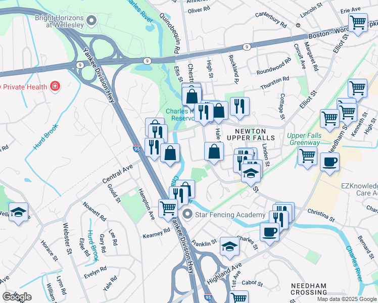 map of restaurants, bars, coffee shops, grocery stores, and more near 41 Keefe Avenue in Newton