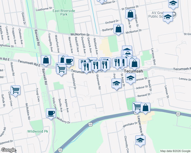 map of restaurants, bars, coffee shops, grocery stores, and more near 1226 Shawnee Road in Tecumseh