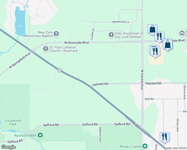 map of restaurants, bars, coffee shops, grocery stores, and more near 4465 Halsted Road in Rockford