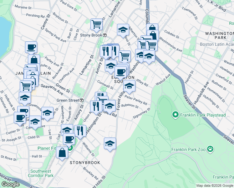 map of restaurants, bars, coffee shops, grocery stores, and more near 3266 Washington Street in Boston