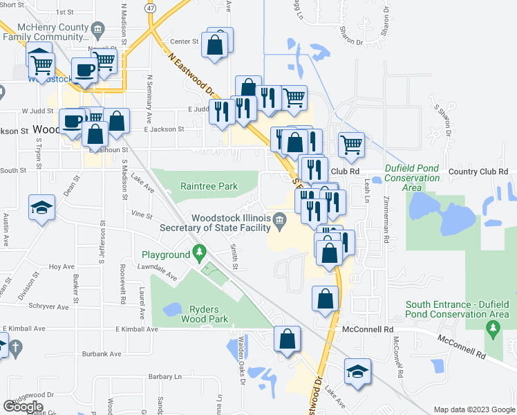 map of restaurants, bars, coffee shops, grocery stores, and more near 710 Brown Street in Woodstock