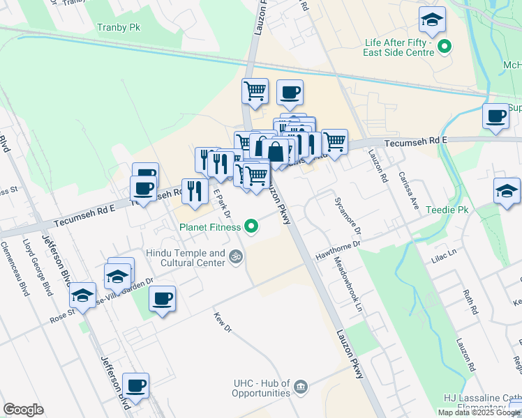 map of restaurants, bars, coffee shops, grocery stores, and more near 7111 Enterprise Way in Windsor