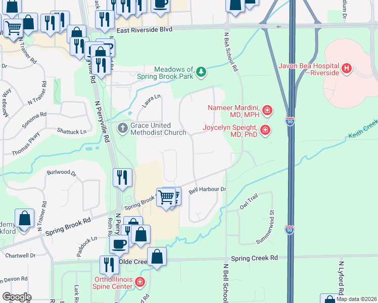map of restaurants, bars, coffee shops, grocery stores, and more near 3423 East Summerfield Drive in Rockford
