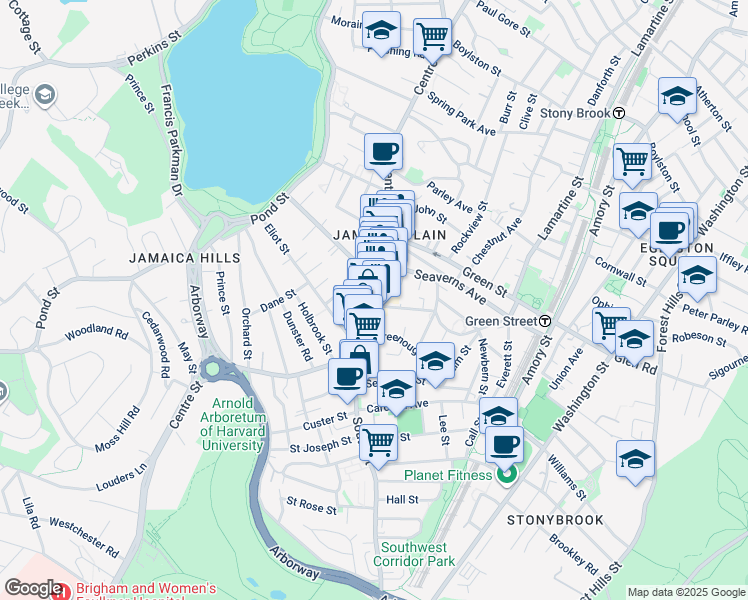 map of restaurants, bars, coffee shops, grocery stores, and more near 725 Centre Street in Boston