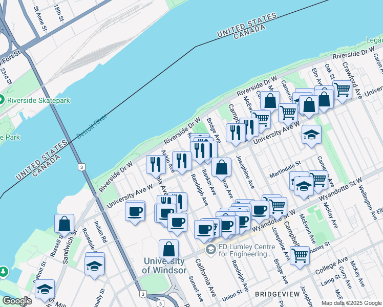 map of restaurants, bars, coffee shops, grocery stores, and more near 218 Randolph Place in Windsor