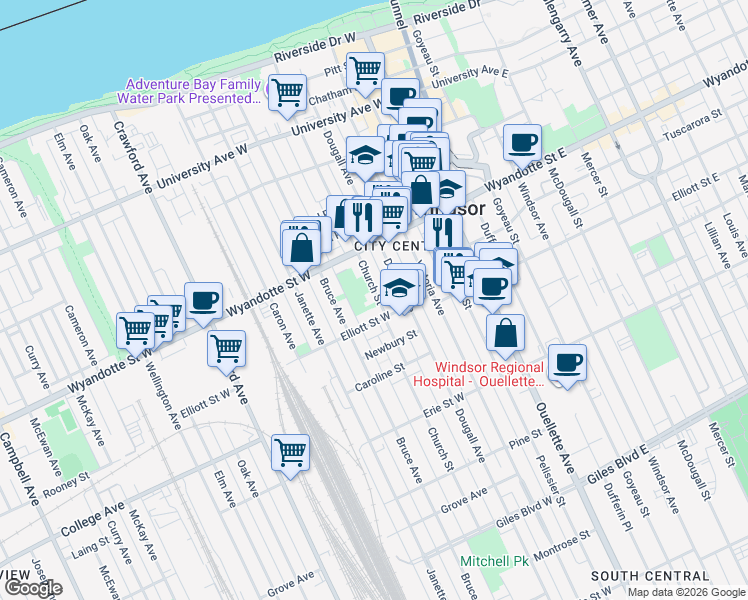 map of restaurants, bars, coffee shops, grocery stores, and more near 739 Church Street in Windsor