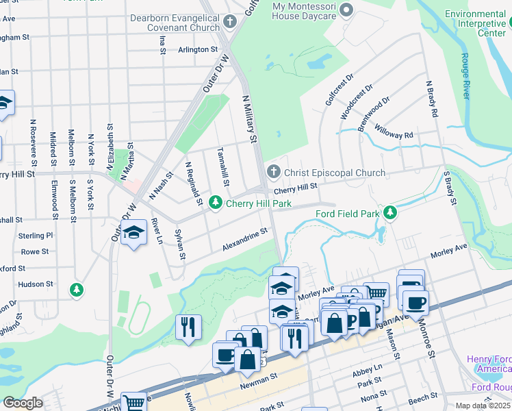 map of restaurants, bars, coffee shops, grocery stores, and more near 22517 Law Street in Dearborn