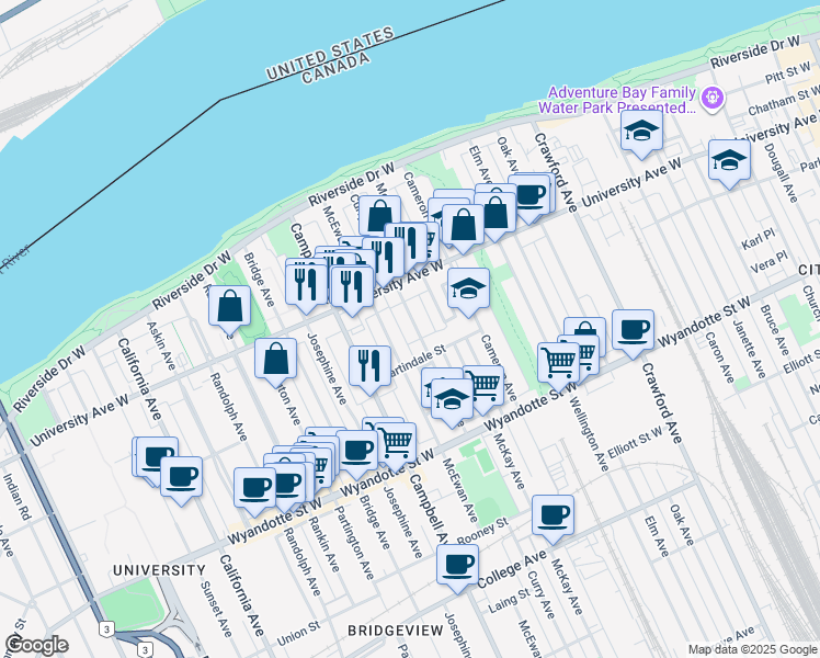 map of restaurants, bars, coffee shops, grocery stores, and more near 359 Curry Avenue in Windsor
