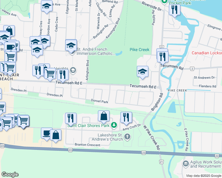 map of restaurants, bars, coffee shops, grocery stores, and more near 641 Dorset Park in Windsor