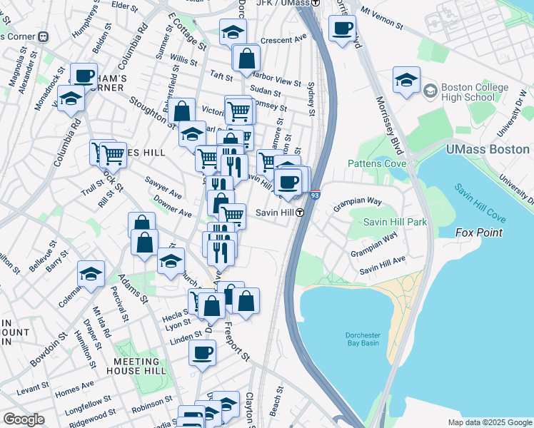 map of restaurants, bars, coffee shops, grocery stores, and more near 34 Midland Street in Boston