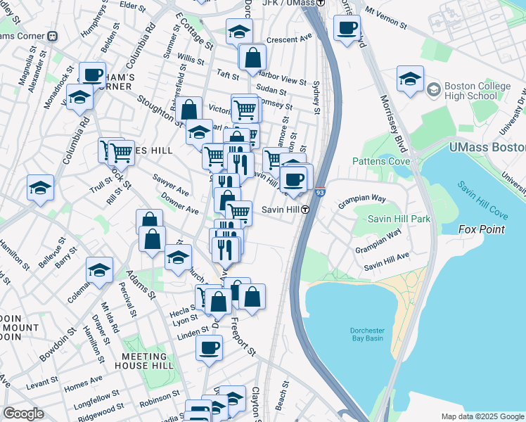 map of restaurants, bars, coffee shops, grocery stores, and more near 116 Auckland Street in Boston
