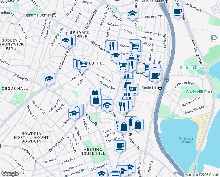 map of restaurants, bars, coffee shops, grocery stores, and more near 200 Hancock Street in Boston