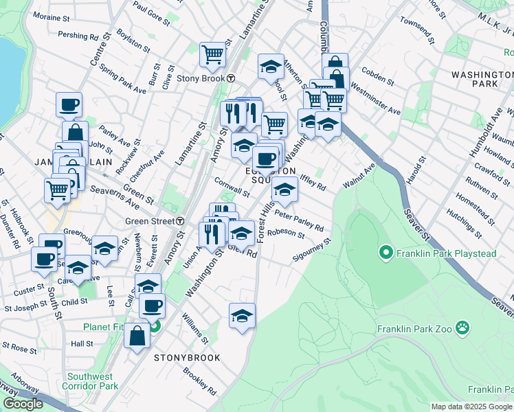 map of restaurants, bars, coffee shops, grocery stores, and more near 5 Sylvia Street in Boston