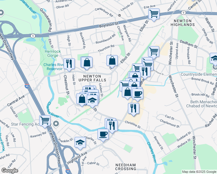 map of restaurants, bars, coffee shops, grocery stores, and more near 70 Linden Street in Newton