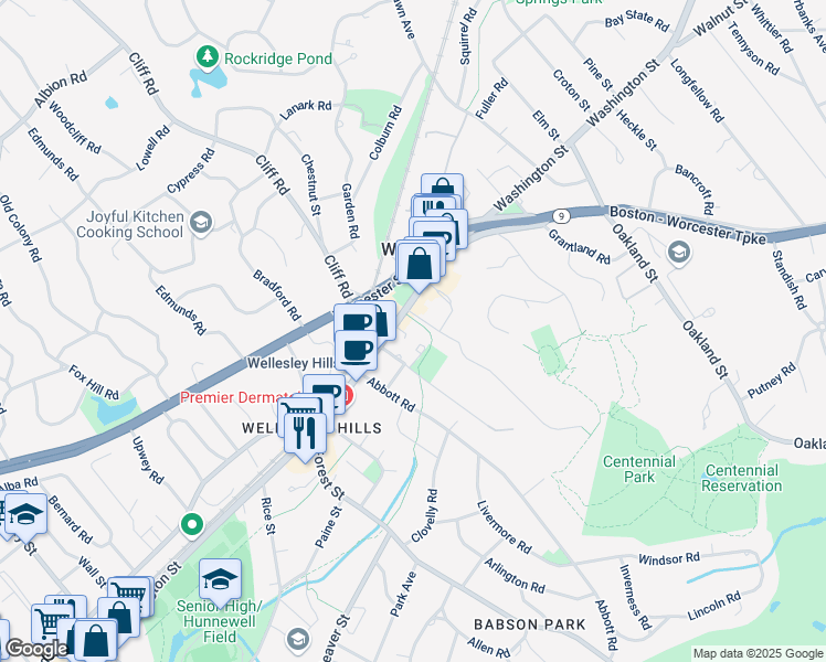 map of restaurants, bars, coffee shops, grocery stores, and more near 17R Maugus Avenue in Wellesley