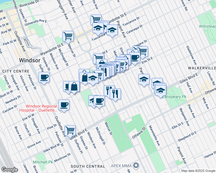 map of restaurants, bars, coffee shops, grocery stores, and more near 1088 Howard Avenue in Windsor