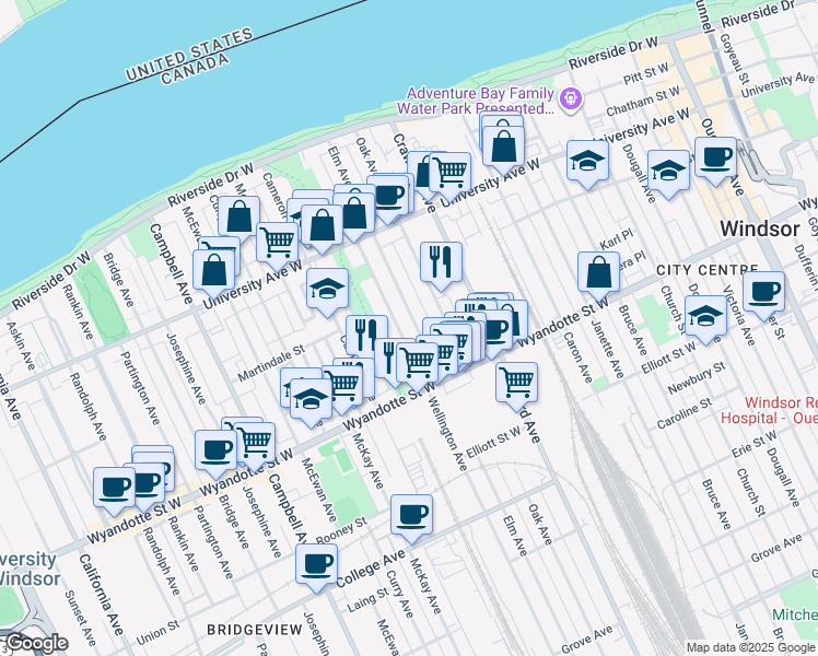 map of restaurants, bars, coffee shops, grocery stores, and more near 527 Wellington Avenue in Windsor