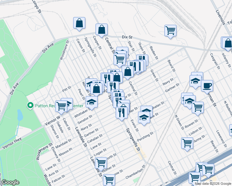 map of restaurants, bars, coffee shops, grocery stores, and more near 7830 Senator Street in Detroit