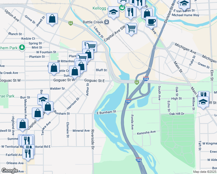 map of restaurants, bars, coffee shops, grocery stores, and more near 172 Riverside Drive in Battle Creek