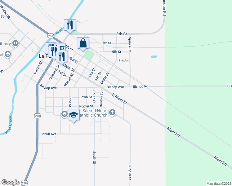 map of restaurants, bars, coffee shops, grocery stores, and more near 1014 Iowa St in La Porte City